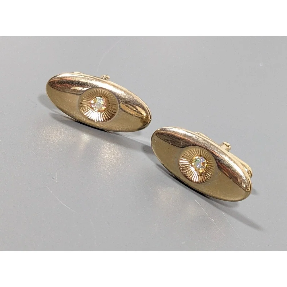Vintage Swank Aurora Borealis AB Oval Cufflinks‎ Gold Tone